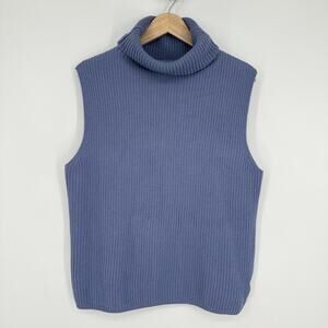 BASLER 100% Wool Turtleneck Sweater Sleeveless Ribbed Chunky Knit Blue